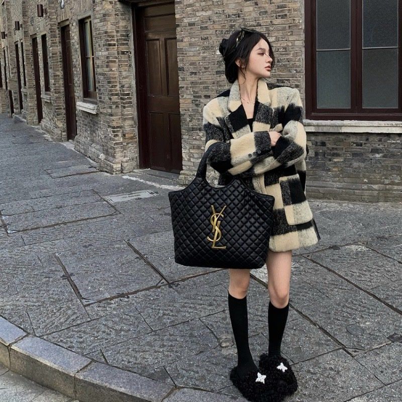 韩系格子毛呢西装外套女装秋冬中长款赫本风宽松气质加厚呢子大衣