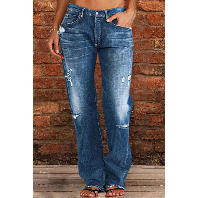 Cross-Border Foreign Trade Women's Denim European And American Trend Mid-Waist Ripped Casual Straight Pants Factory_ecoleips.com