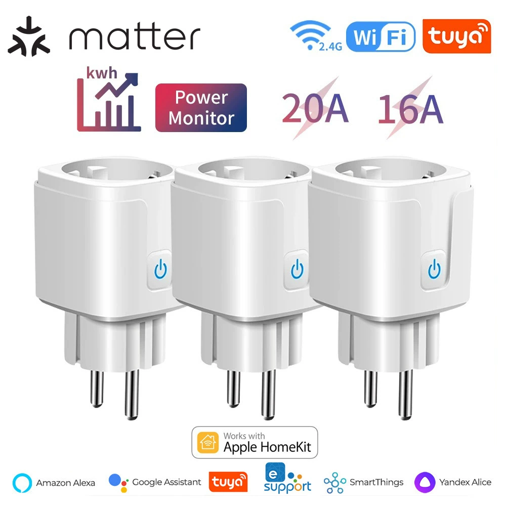 Умная розетка Tuya Matter 16A европейский стандарт, 20A европейский стандарт, учет Wi-Fi, удалённое управление, Alexa, Homekit