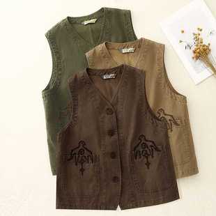 Actual Shot of 2025 Spring New Retro Embroidered Pocket Workwear Denim Vest New Style with Waistcoat Vest