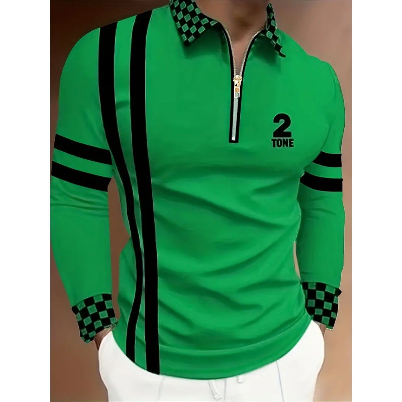 Camisa POLO con cremallera de todo fósforo con solapa suelta y transpirable de manga larga deportiva para hombres Venta caliente Impresión digital 3D