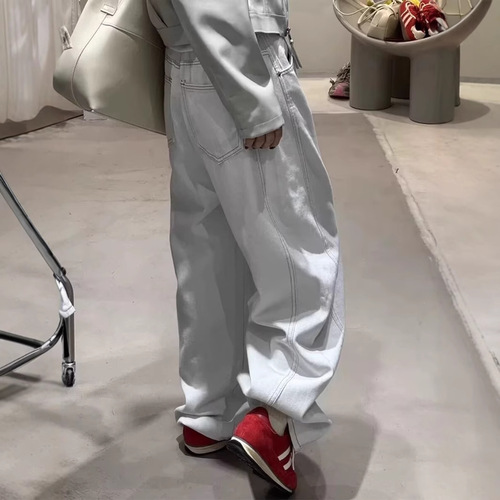 Gray-White Cropped Denim Jeans for Women, 2025 Spring/Summer Collection: Plus-Size, High-Waisted, Loose-Fit, Slimming Design with Wide Legs