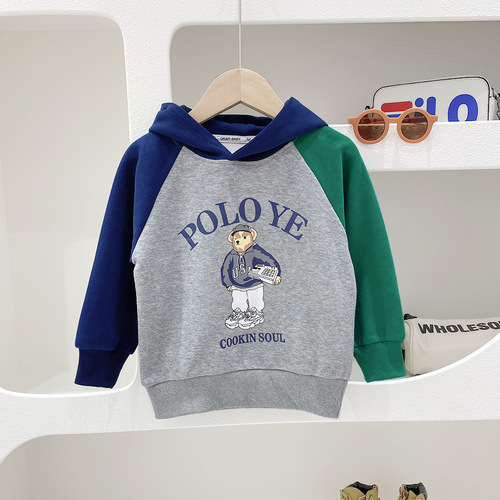 Children's sweatshirt spring 2024 Korean style boys color block pullover hooded tops for big children spring and autumn cartoon children's clothing trend