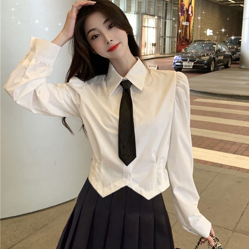 Waist-tight white shirt for women Spring new preppy style pure hot girl puff sleeve short shirt jk uniform set