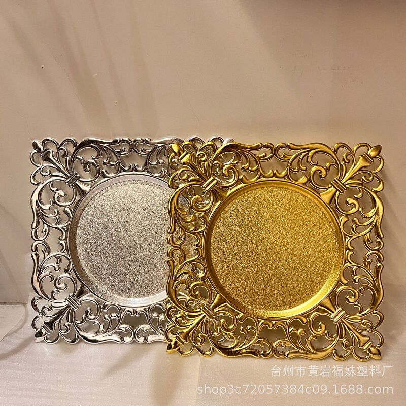 New style small square plate high-looking fruit plate lace base European and American banquet plate mat decorative retro wedding plate New style small square plate high-looking fruit plate lace base European and American banquet plate mat decorative retro wedding plate