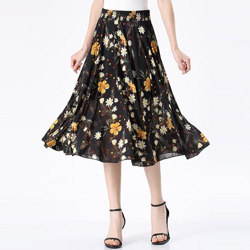 Women's Mid-Age Summer Dress Half-Skirt, Mother's Summer Wear, 72cm Medium Skirt, Dance Skirt, Thin Ice Silk