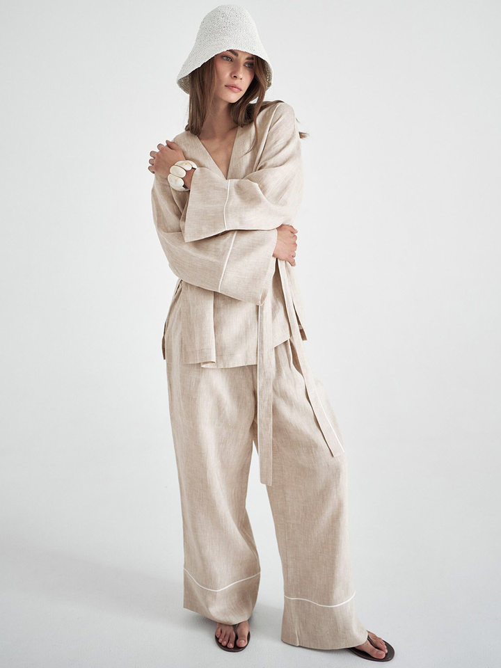 Bộ đầm hai món nữ áo cardigan cổ chữ V dài tay phối quần ống rộng — Màu be, Xanh lá cây, màu đen