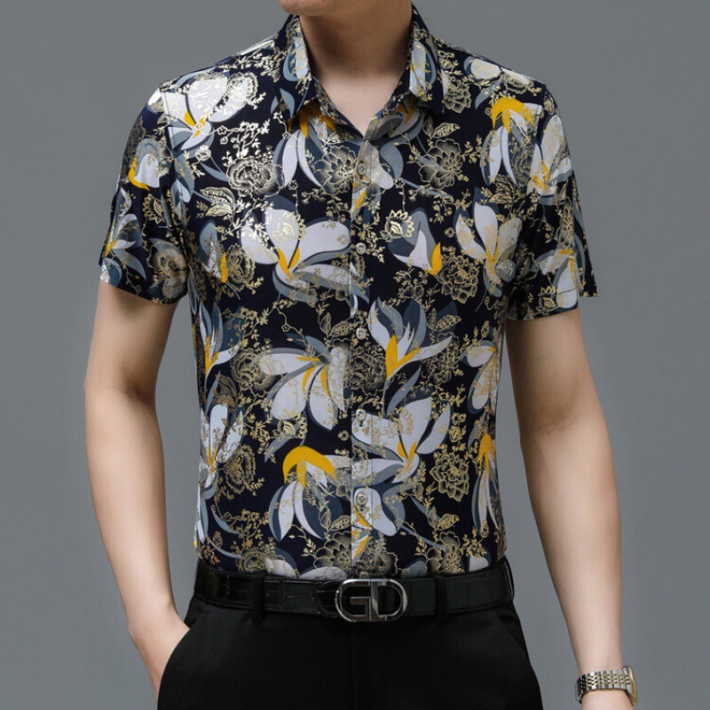 Father's Day Dad Short-sleeved Shirt Men's Summer Clothing for Middle-aged and Elderly Summer Casual Ice Silk Cool National Style Flower Shirt for Men