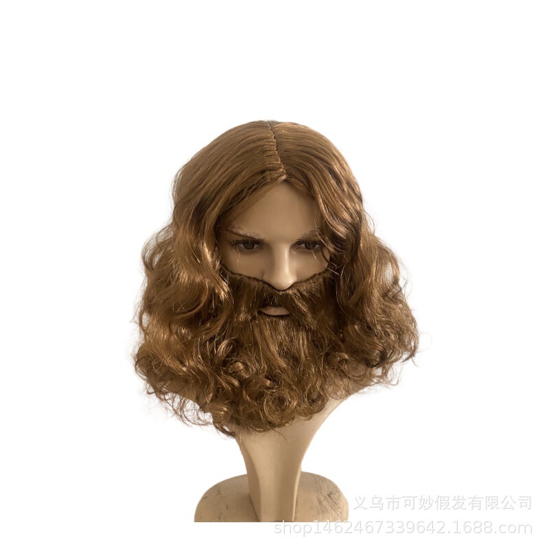 Cross-Border European and American Santa Claus Style Holiday Wig, Brown Christmas Cosplay Wig, Short Curly Beard Wholesale
