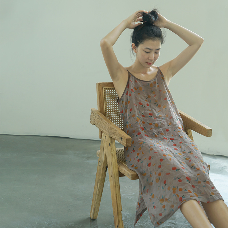 Original Vintage Artistic Floral Ramie Long Strap Dress, Comfortable Distressed Long Dress D22240
