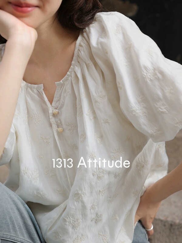 1313 French fine crochet flowers! 90% Cool Tencel Lantern Sleeve Short-sleeved Chiffon Top Summer Blouse 1313 French fine crochet flowers! 90% Cool Tencel Lantern Sleeve Short-sleeved Chiffon Top Summer Blouse