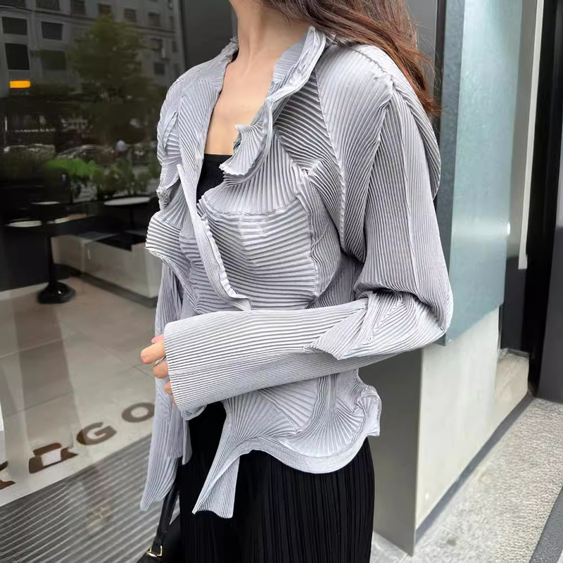 Japanese Mainline Pleated Female Niche Handmade Bud Elegant Miyake Short Coat Cardigan Solid Color Commuter Long Sleeve