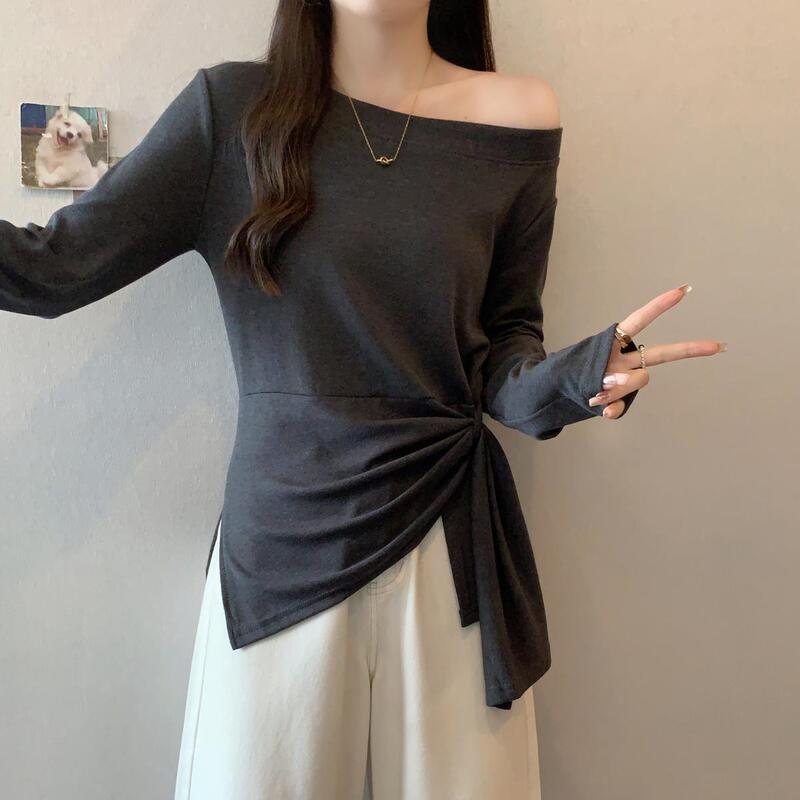 大码女装2025秋季新款不规则设计感收腰条纹甜辣长袖恤2176黑色|undefined