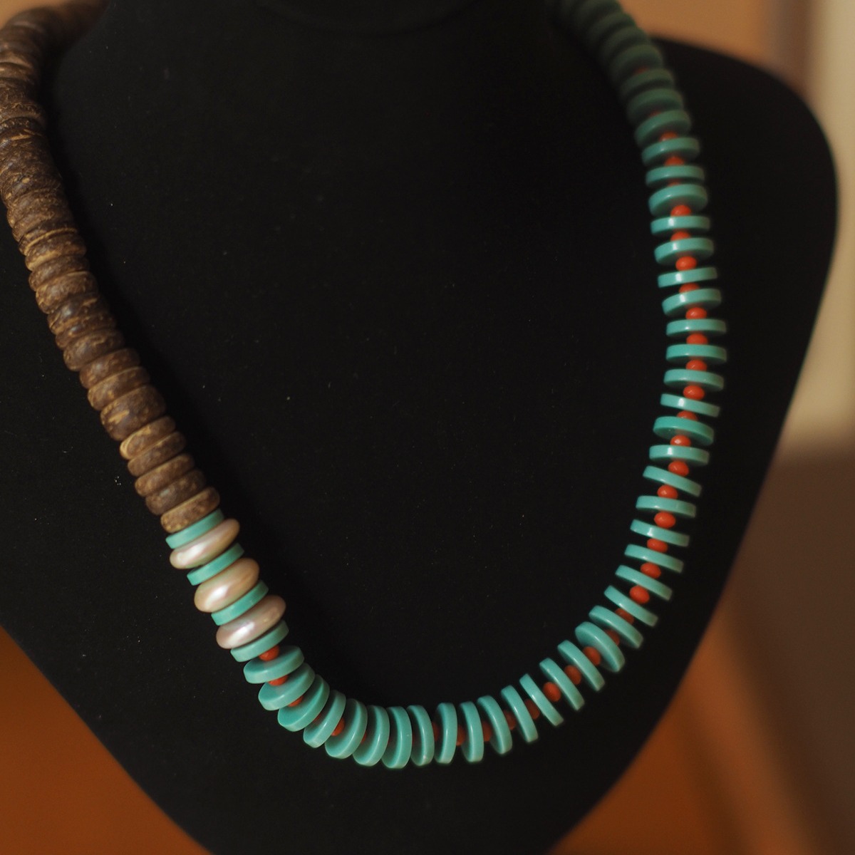 个性复古法式时尚欧美风天然巴洛克珍珠实椰子木彩色串珠项链