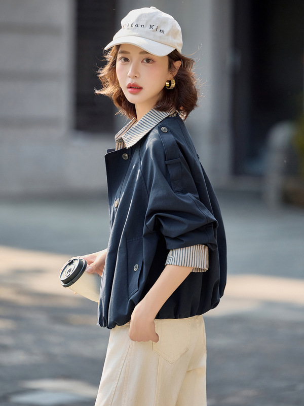 时尚假两件短外套女2025早春秋新款时髦洋气条纹拼接宽松休闲上衣|undefined