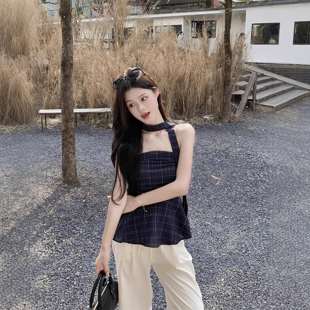 Retro Color-contrast Check Tube Top Women's Short Top