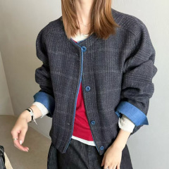 韩系拼接撞色羊毛呢料圆领短外套女2025秋季新款宽松显瘦时尚夹克