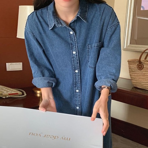 Korean chic autumn simple stand-up collar single-breasted loose shirt dress casual long-length long-sleeved denim dress for women