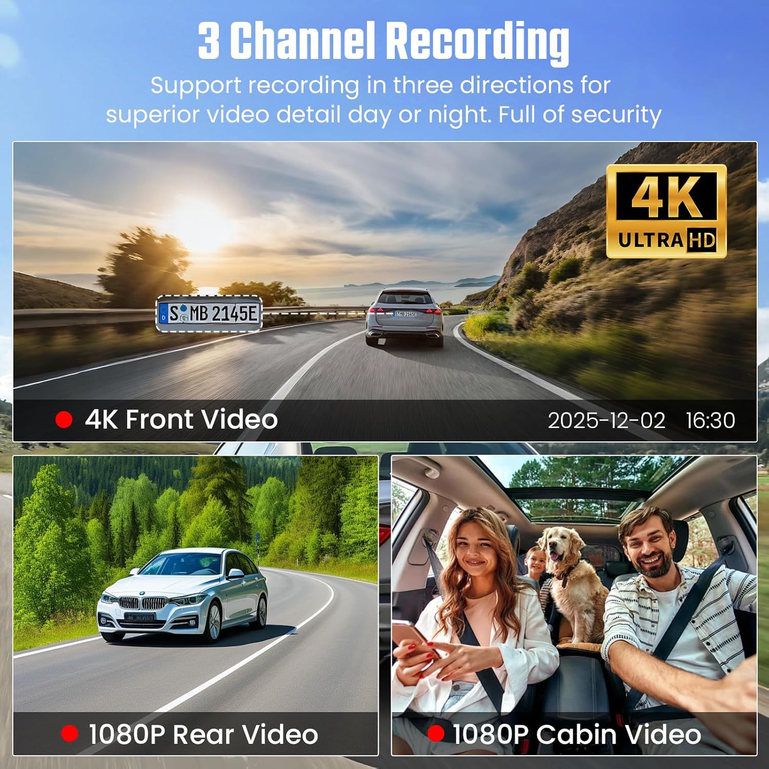 Cross-Border Model 1.97-Inch 4K+1080P Dual-Lens Infrared Night Vision High-Definition Dash Cam for Car Interior and Exterior