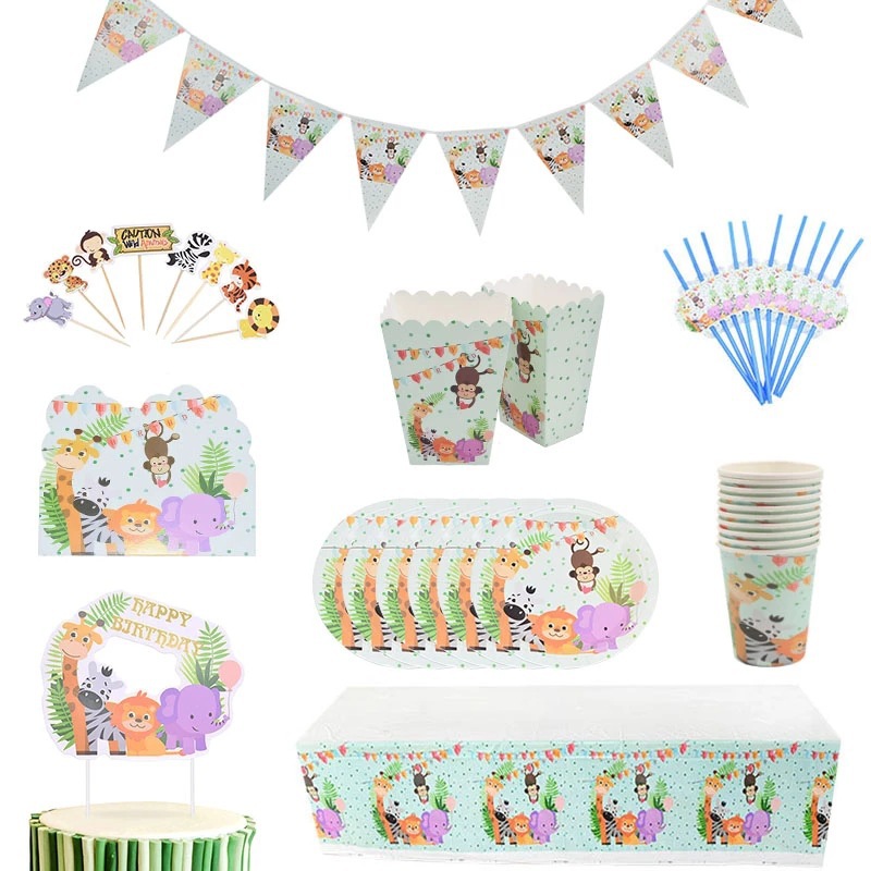 Venta caliente bosque selva Zoo fiesta de cumpleaños traje mantel papel taza papel placa banner tejido partido traje