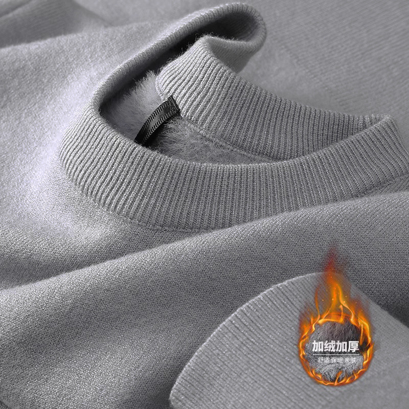 Men's soft keep warm velvet solid color knitted winter sweater with…