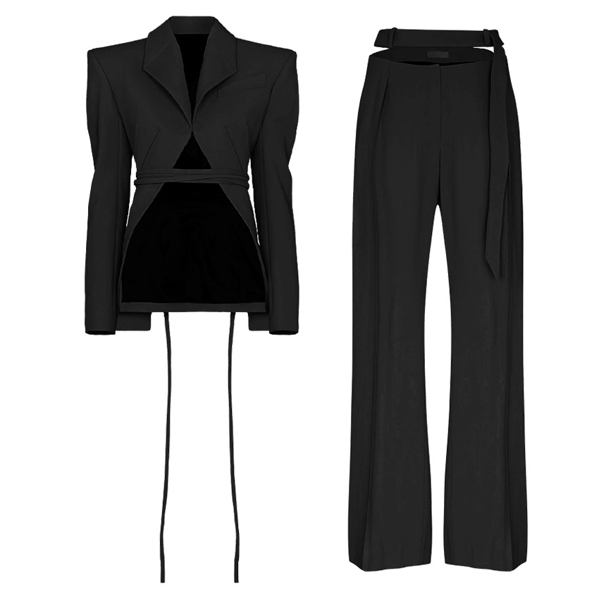 Women's Clothing Niche design deconstructed herringbone suit female tie wide shoulder suit jacket hollow straight pants two piece suit_voghion.com