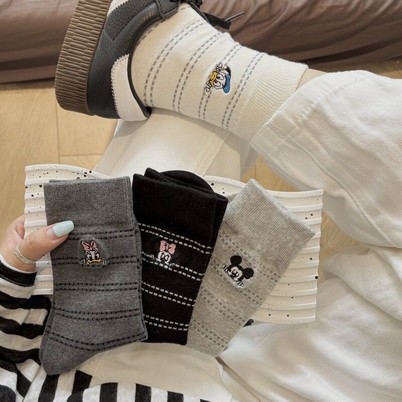 Women's Striped Mid-Calf Socks Autumn and Winter Ins Trendy Pure Cotton Cute Cartoon Korean Style College Style Stacked Mk Embroidery