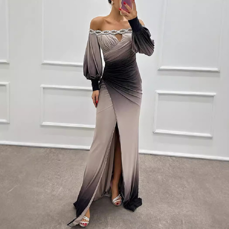 European Popular Skirt One-Line Collar Gradient Color High-End Waist and Floor-Length Slit Dress for Women