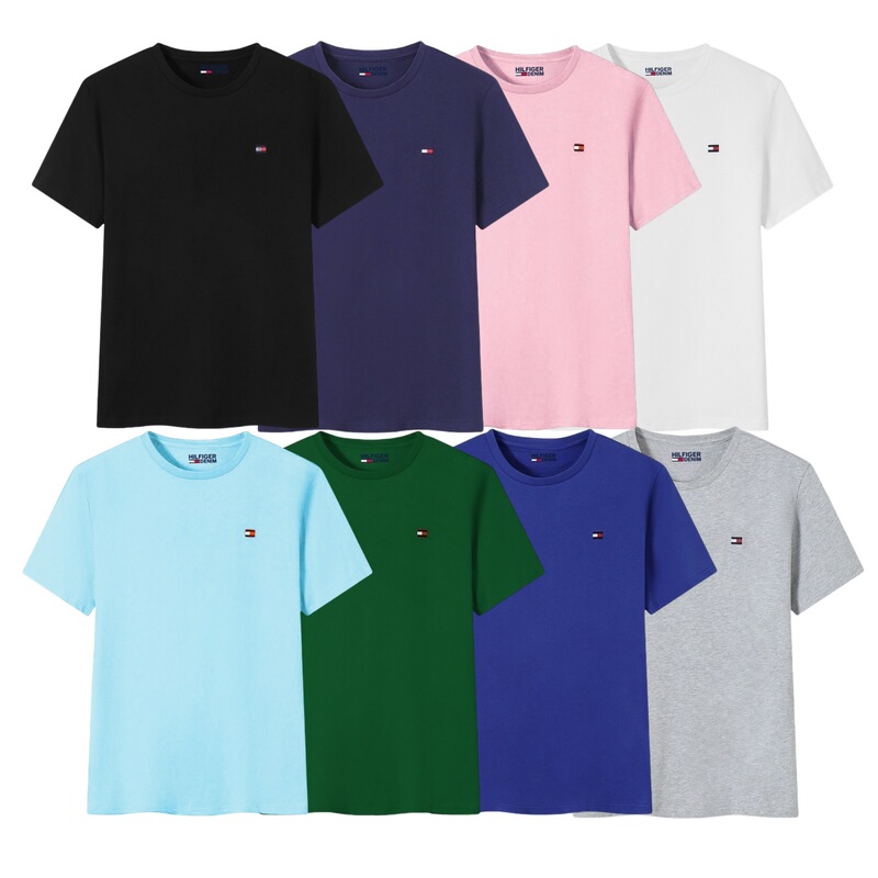 Short-Sleeved T-Shirt Men's Embroidered My Tommy T0M Versatile Cross-Border Casual Summer Tops Pure Cotton Round Neck T-Shirt Pure Color