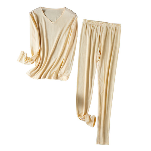 Autumn and winter mulberry silk and cotton women's warm autumn clothes and long trousers, elastic elastic waist, comfortable and non-constricting base layer suit