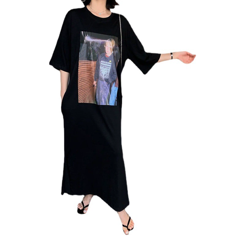 Летняя Корейская версия платья-сестры весом 200 кг, Женская длинная юбка до колен с принтом, толстая футболка больших размеров с коротким рукавом, юбка-футболка