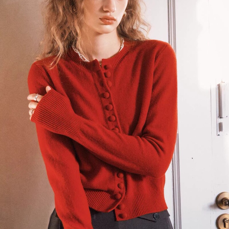 15 Mushroom Buttons, 100% Wool, Red and Gray Round Collar, 2026 New Model, Very Stylish Cardigan for the Year of Birth