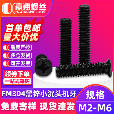 304不锈钢黑色小沉头螺丝FM黑锌十字槽小平头机牙螺丝螺钉M2.5/M3