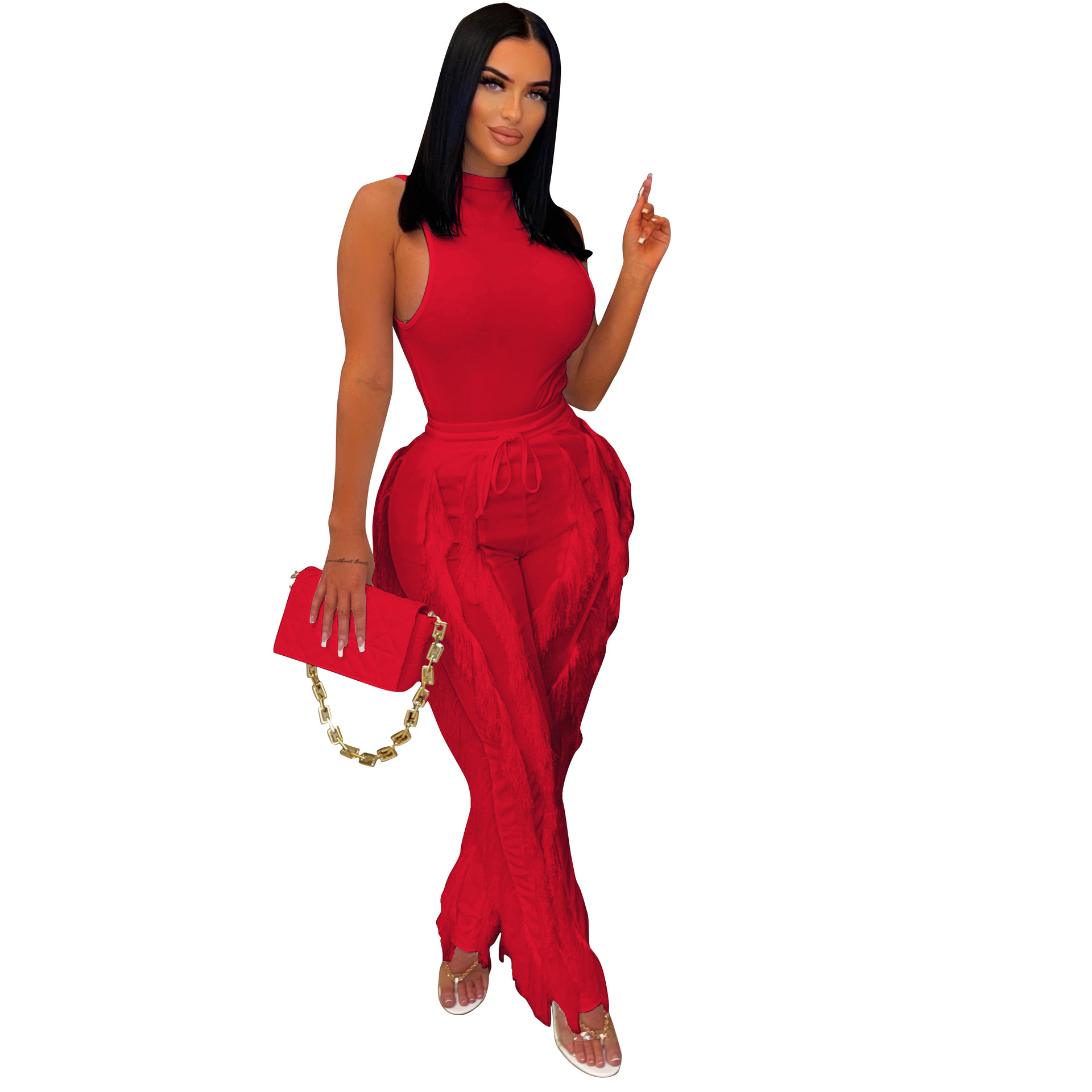 Women's Clothing two piece suits tassel trousers sleeveless casual suits lace summer sexy_voghion.com