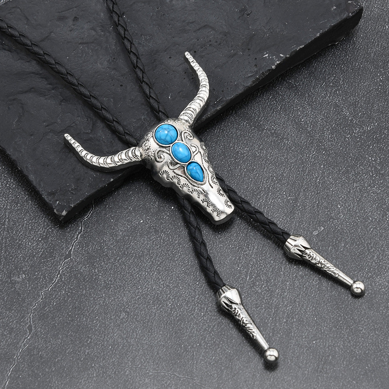 Turquoise Bull Head Pendant Necklace Vintage Alloy Distressed Sweater Chain Punk Long Bolo Tie Cross-Border Wholesale Turquoise Bull Head Pendant Necklace Vintage Alloy Distressed Sweater Chain Punk Long Bolo Tie Cross-Border Wholesale