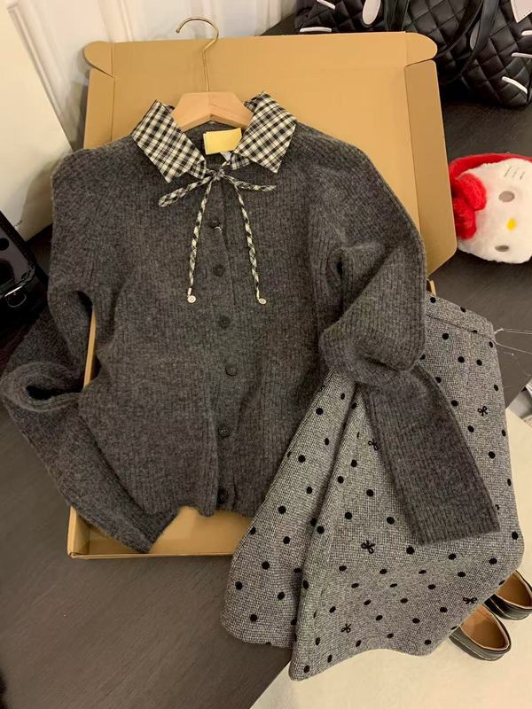 高级设计感格纹拼接polo领系带长袖女韩系立体纽扣针织衫外套上衣|undefined