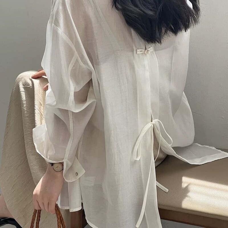 Tencel 2026 Summer New Style Loose-Fitting Lace-Up Shirt with Back Slit Design, Long-Sleeved Top, Sun-Protective Outerwear