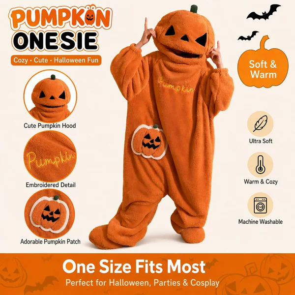 Foreign Trade Halloween Pajamas for Women, Fleece-Lined and Thickened, One-Piece Autumn and Winter Cartoon Quirky Pumpkin Loungewear That Can Be Worn Outside