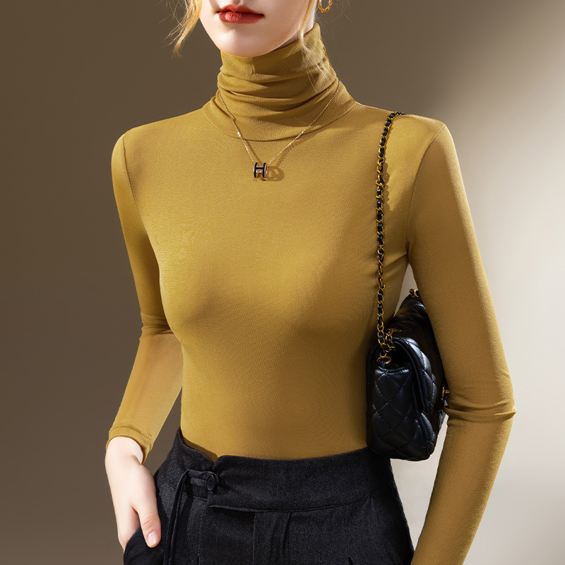High Collar Mesh Bottoming Shirt for Women 2024 New European Women's Clothing Elegant Long-Sleeved Western Style Shirt Elastic Inner Top
