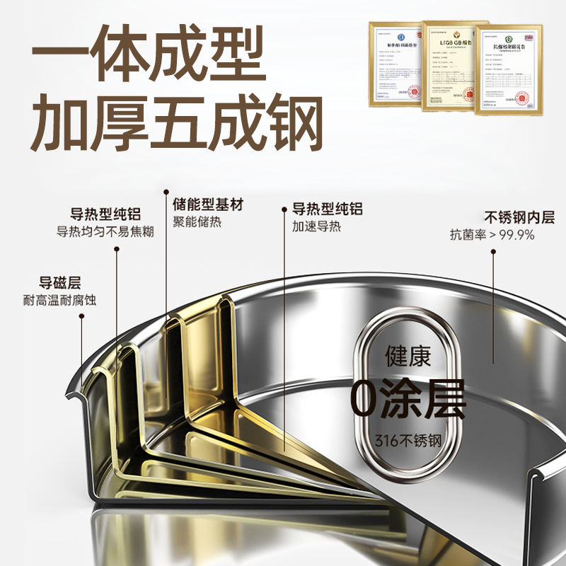 18-10 Pan de acero inoxidable pan antiadherente doméstico sin recubrimiento grado alimenticio grueso electromagnético freidora de filete