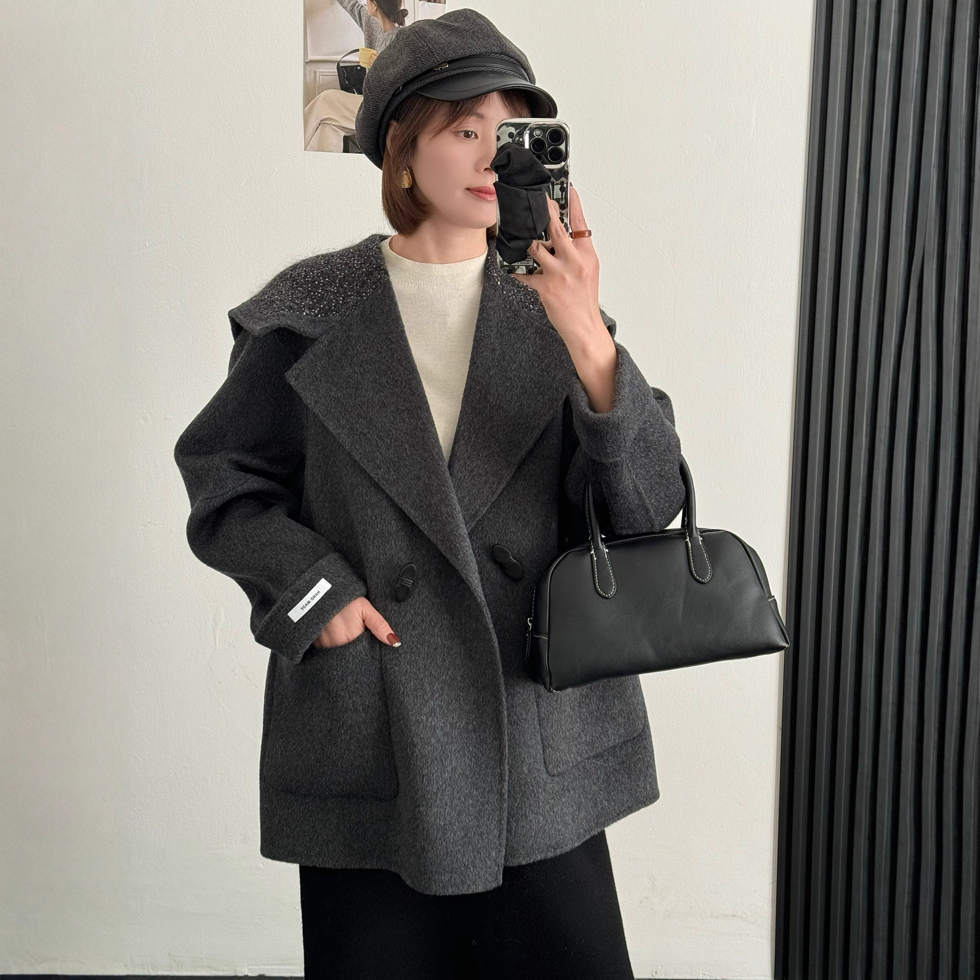 European-Style Age-Reducing Navy Collar Double-Sided Woolen Outwear for Women Mid-Length Winter High-End Camel Velvet Outwear