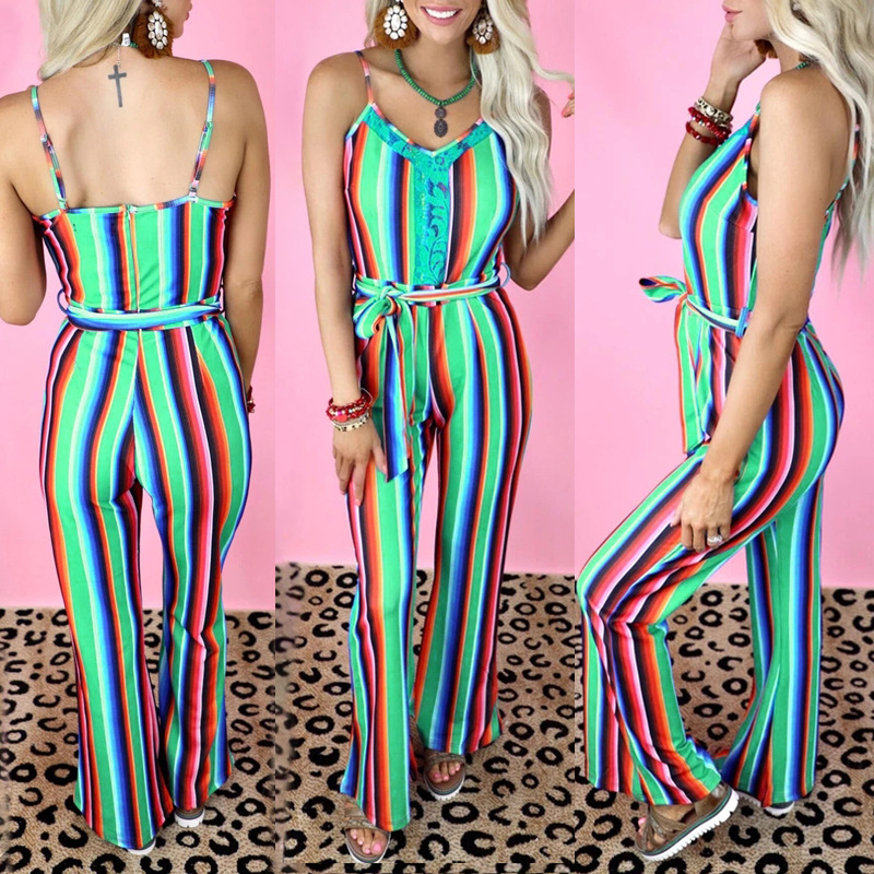 color stripe printing halter high waist lace-up jumpsuit nihaostyles clothing wholesale NSZH80671