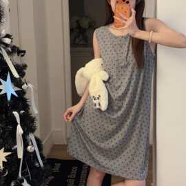 夏季新款韩系慵懒风莫代尔睡裙 黑色星星印花无袖背心家居服