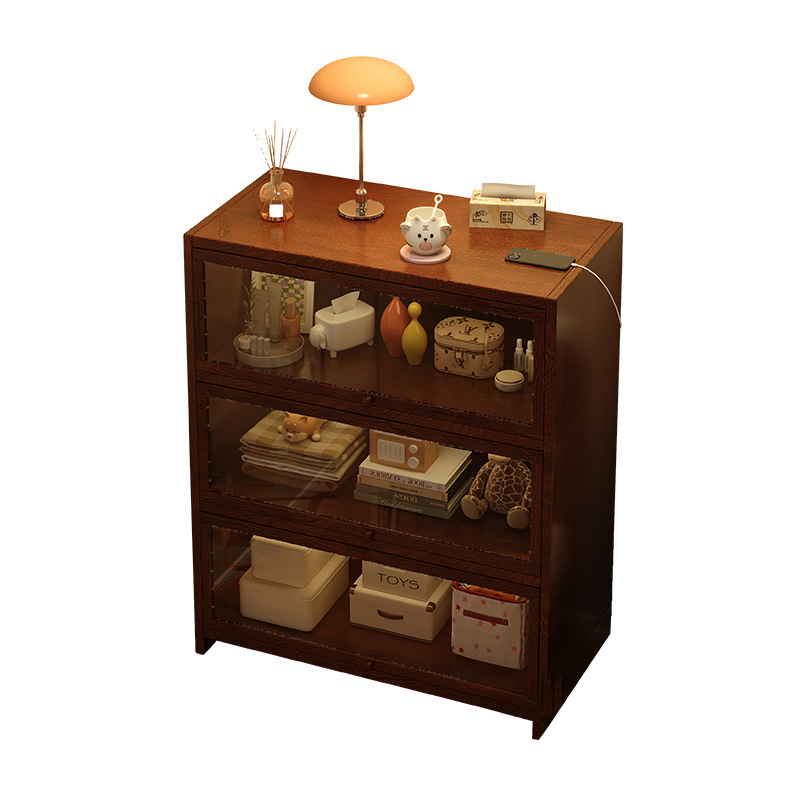 Mesita de noche de madera maciza Estilo retro americano Dormitorio junto a la cama Gabinete de almacenamiento multicapa para el hogar Estante con grietas