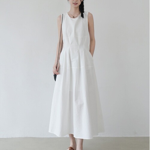 Minimalist vest dress, women's summer new style, French round neck, mid-length dress, waist, Korean slim A-line sleeveless dress
