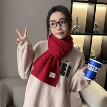 针织毛线红色围巾女冬季2025新款高级感韩版围脖纯色加厚保暖防寒