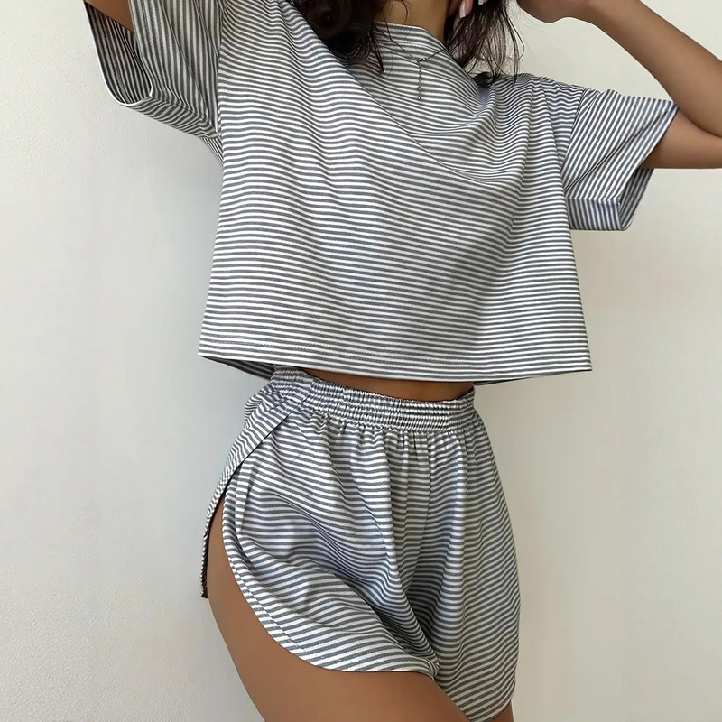 2025 Summer Casual Simple Elastic Waist Shorts Home Striped Short Sleeve Two-Piece Set Women's Casual Fashion Set