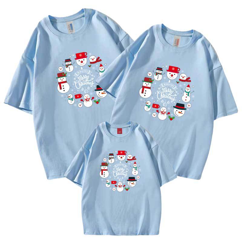 2022 círculo muñeco de nieve Feliz Navidad padre-hijo Camiseta de manga corta al por mayor verano algodón refinado ropa para niños bienes transfronterizos europeos y americanos