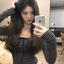 性感辣妹风一字领露肩条纹绑带长袖上衣女秋季新款修身打底衫跨境