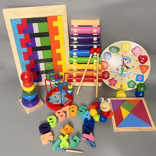 Wooden children's early education educational aids Tetris building blocks tangram puzzles knock-on piano combination toys wholesale